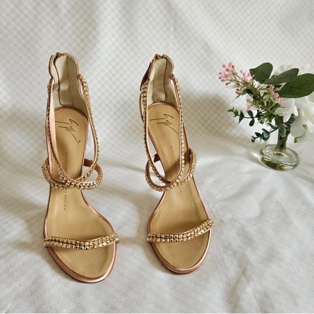 Giuseppe Zanotti Gold Embellished Strappy Evening Sandals Size 7 Glam Heels